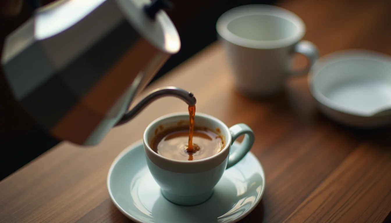 Sveža kava, ki se iz Bialetti kafetiero toči v skodelico
